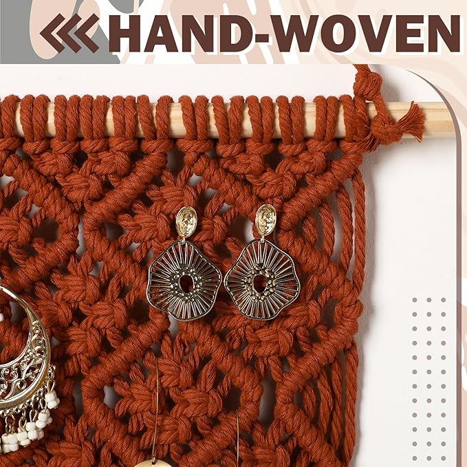 Macrame Jewelry Holder Rustic Boho Earring Organizer Display Crochet Weave Tapestry Wall Hanging Earring Holder Minimalist Vintage Decor Tassel for Women Girls Gift Bedroom Living Room Decor