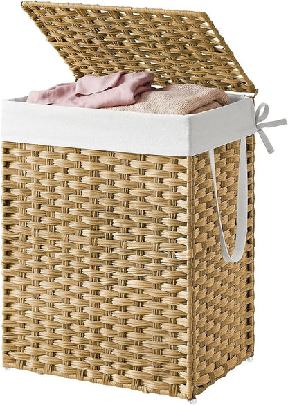 SONGMICS HOME Laundry Hamper with Lid, Clothes Basket with Removable Liner and Handles, 23.8 Gallon, Foldable Narrow Laundry Organizer for Bathroom, Bedroom, Light Brown