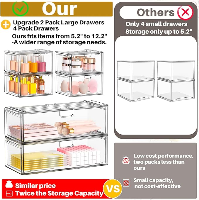 caktraie Acrylic Stackable Storage Drawers Set of 6, Clear Plastic Storage Drawer Organzier, Storage Organizer, Makeup Organizer,Ideal for Vanity, Bathroom,Cabinet,Pantry Organization
