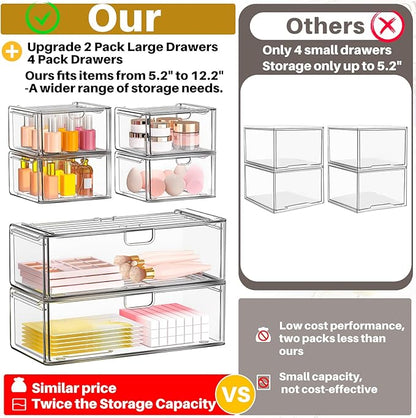 caktraie Acrylic Stackable Storage Drawers Set of 6, Clear Plastic Storage Drawer Organzier, Storage Organizer, Makeup Organizer,Ideal for Vanity, Bathroom,Cabinet,Pantry Organization