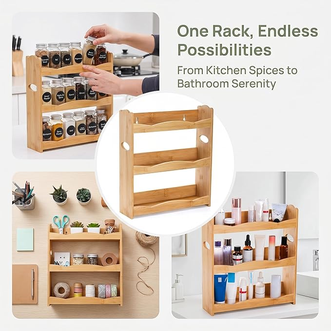 Jucoan 3-Tier Bamboo Spice Rack for Countertop, Wall Mounted Spice Holder Rack Seasoning Bottles Jar Organizer Shelf, Bathroom Organizer Rack, Spice Rack Only, Jars No Included, No Assembly Required