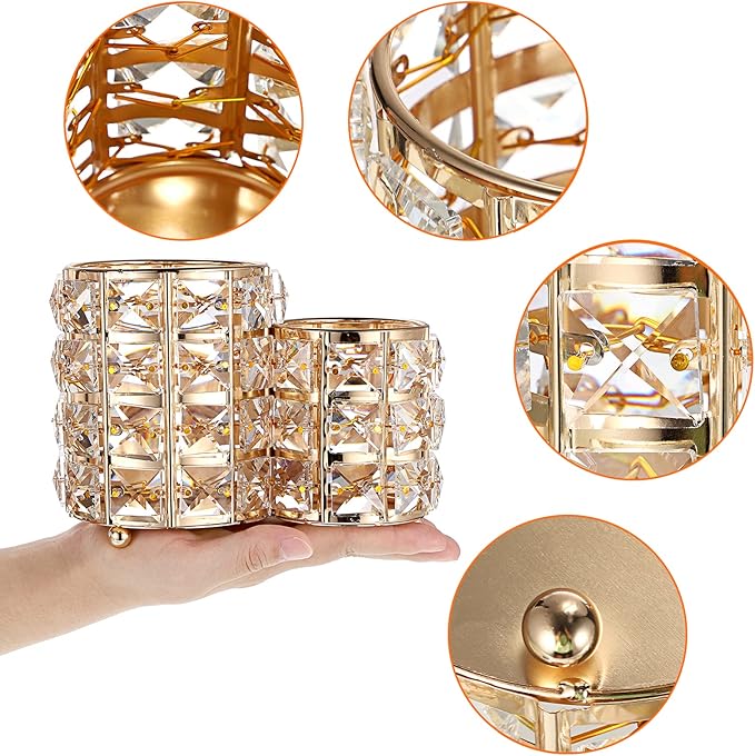 Hipiwe Makeup Brush Holder Gold Bling Crystal Makeup Brush Organizer Round Remote Control Holder Cosmetic Brush Tools Comb Pen Pencil Storage Pot Cup for Vanity, Office, Home Decor, 2-Slot