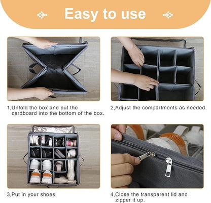 2 Pack Large Fabric Shoe Organizer Storage Box, Shoe Organizer Box with Adjustable Dividers and Clear Lid, Fits 16 Pairs, Fabric Shoe Organization with Handles, Stackable and Foldable