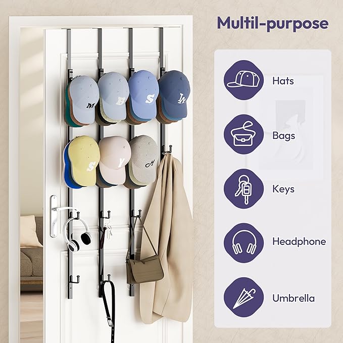 SWTYMIKI Over Door Hat Rack - 4 Packs Metal Hanging Hat Organizer with 16 Hooks Design, Baseball Cap Hanger Organizer Storage Holds up to 80 Caps for Door, Bedroom, Closet