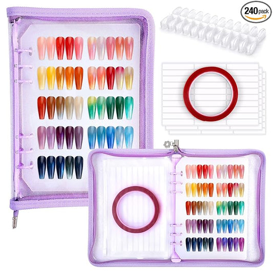 Segbeauty Nail Swatches Polish Display with Zipper, Nail Color Display Book Sample, Nails Polish Organizer A5 Binder with 240 False Tips, Gel Fake Press On Nails Art Salon Supplies Holder Purple
