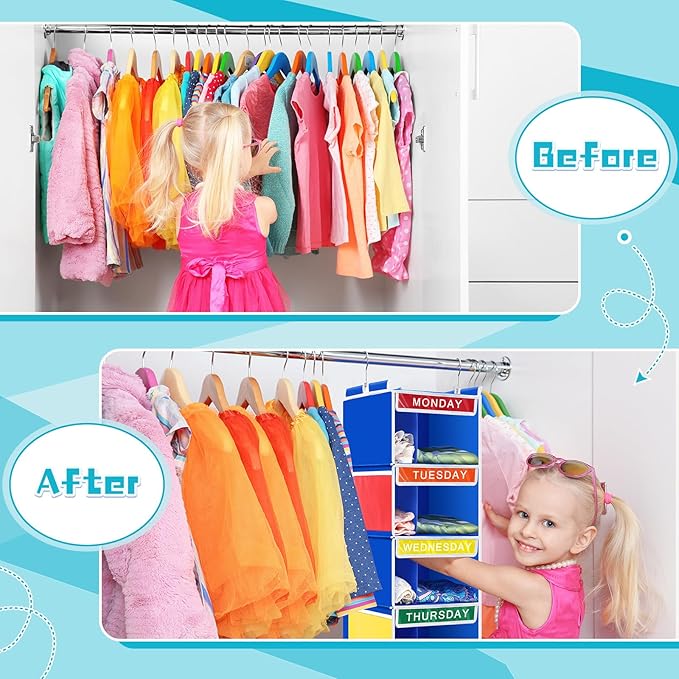 2 Pcs 7 Shelf Weekly Clothes Organizer for Kids Double Grid Hanging Closet Organizer 11. 8 x 11. 8 x 50 Inches Daily Activity Kids Clothes Storage Drawers Cube Closet Hanging Shelves