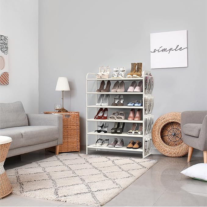Simple Houseware 6-Tier Shoe Rack Storage Organizer w/Side Hanging Bag, White