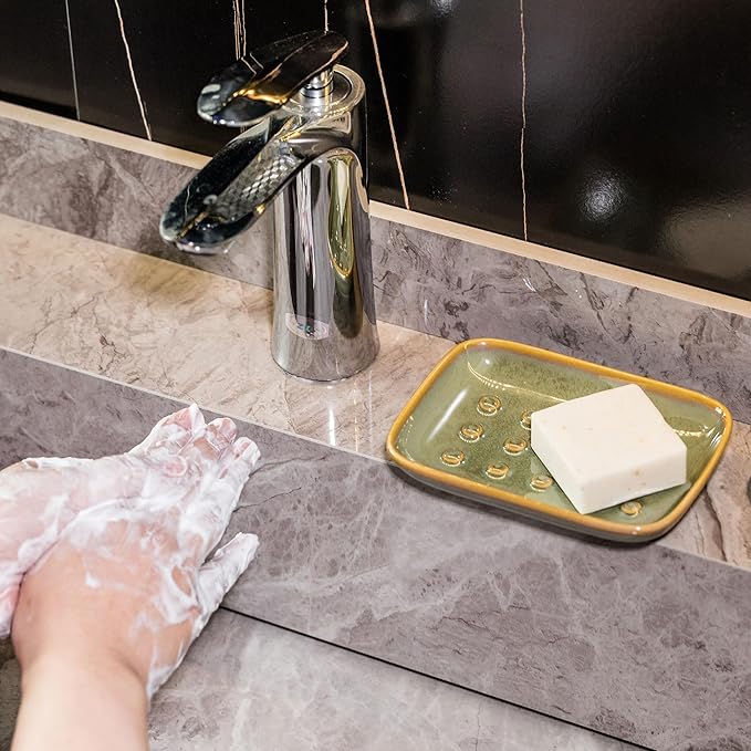 Soap Dish for Shower, Ceramic Soap Dish for Large Soap Bars, Non-Slip Soap Holder & Saver Tray with Floating Point Design for Bathroom, Shower, Kitchen Sink, Save Soap Loss