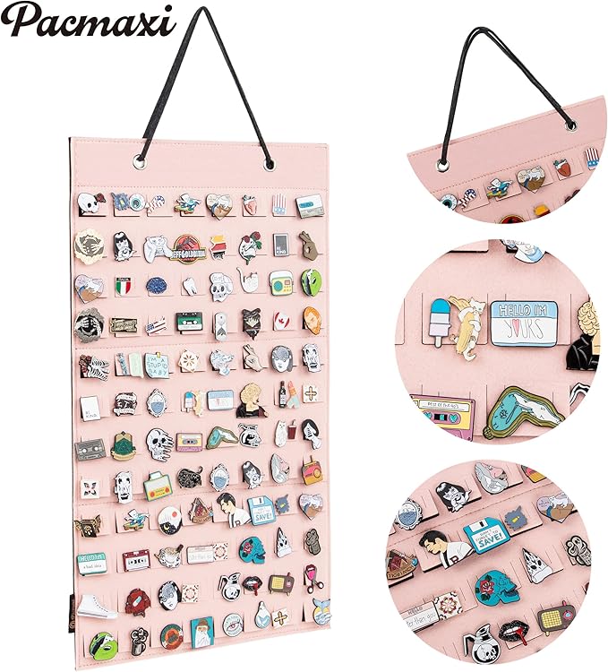 PACMAXI Hanging Brooch Pin Organizer, Display Pins Storage Case, Brooch Collection Storage Holder, Holds Up to 96 Pins.(Not Include Any Accessories) (S-96 Slots, Pink, Small)