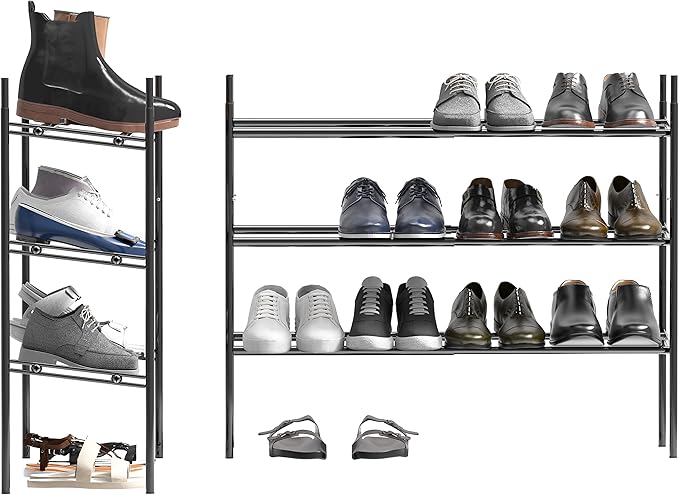 Simple Houseware Space-Saving 3-Tier Shoe Rack - Expandable & Stackable Metal Footwear Organizer for Entryway or Closet, Black