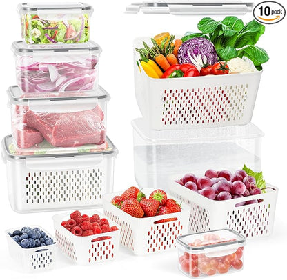 12 Pieces Fruit Storage Containers For Fridge, 6 Pack BPA-Free Fresh Food Containers with Removable Colanders and Airtight Lids, Fresh for Fruit Berry Produce Vegetable, Dishwasher & Microwave Safe