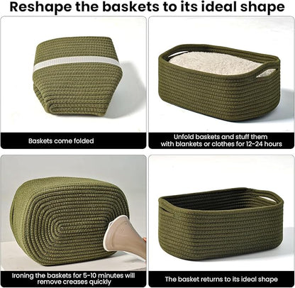 ICERZCZ Small Green Storage Baskets for Organizing Shelves, Cute Woven Baskets for Storage, Organizer Basket for Decor, Gift Basket, 13"×8.5"×5.1" (3 Packs) Green