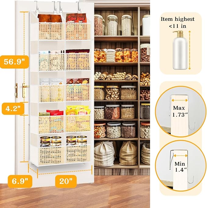 Over The Door Organizer 5 Tiers, Extra Large Behind Door Storage of 10 Compartments, 80 lbs Weight Capacity Hanging Storage Organizer with Clear Window Kids Toys, Shoes,Diapers, Braided Style