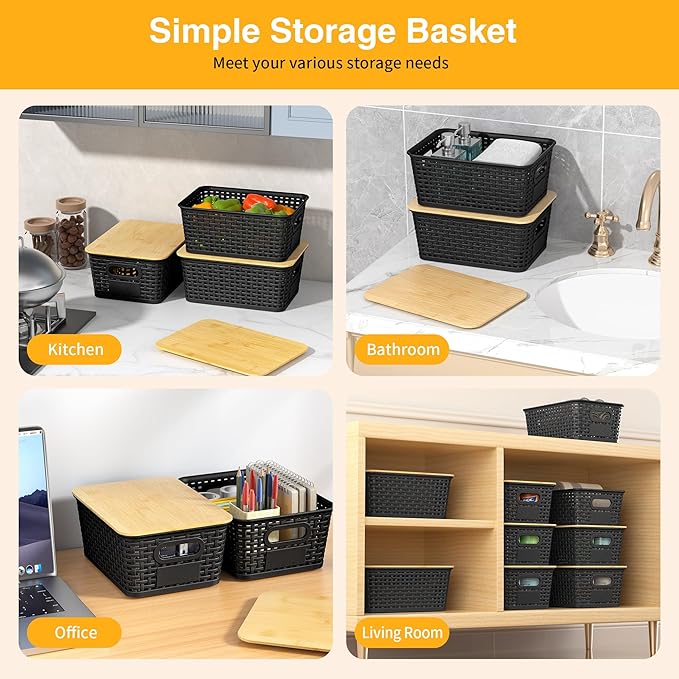 Plastic Storage Baskets with Bamboo Lids and Labels, Stackable Storage Containers, Storage Bins for Organizing Shelves Drawers Desktop Closets Office, 6 Packs-Black