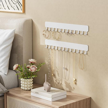 Wall-Mounted Jewelry Organizer, Self-Adhesive Hanging Holder with Hooks for Necklaces, Bracelets, Earrings - Display Storage for Women, 2PCS,White