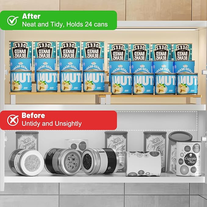 Expandable Can Organizer for Pantry, 3-Tier Adjustable Bamboo & Iron Can Rack for Cabinets, Easy Access Food Storage Shelf for Canned Goods, Soda & Soup Cans, Holds Up to 30 Cans (Patent Pending)