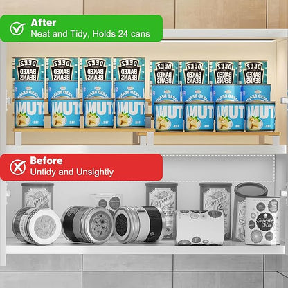 Expandable Can Organizer for Pantry, 3-Tier Adjustable Bamboo & Iron Can Rack for Cabinets, Easy Access Food Storage Shelf for Canned Goods, Soda & Soup Cans, Holds Up to 30 Cans (Patent Pending)