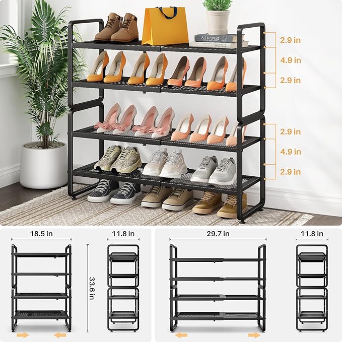 SNTD Shoe Rack - Expandable Shoe Organizer for Closet, Adjustable Metal Shoe Shelf Storage, Stackable Long Shoe Stand Holder for Garage, Entryway, Door Entrance (Black, 4-Tier)