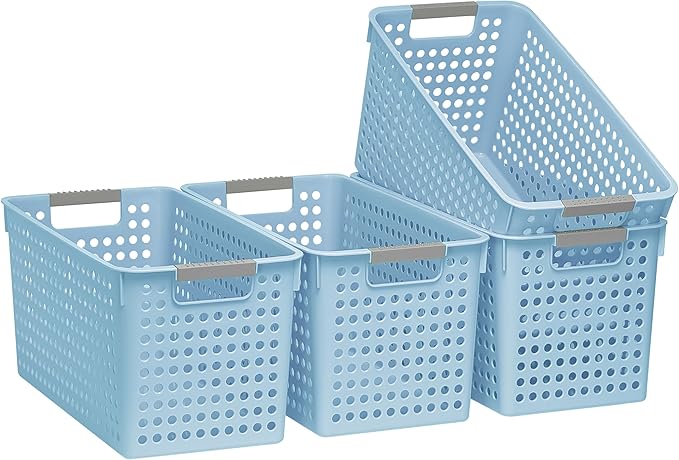 Soddeph Slim Plastic Storage Basket with Handles, Narrow Organizer box for Shelves, Organizer box for Organizing, Kitchen,Home,Office (Blue, Large)