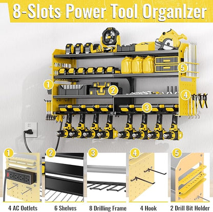 Power Tool Organizer Wall Mount with Charging Station,4 Layer Heavy Duty Metal Storage Rack with 8 Cordless Drill Holder,Battery Utility Rack Gift for Garage workshops Room(Yellow)