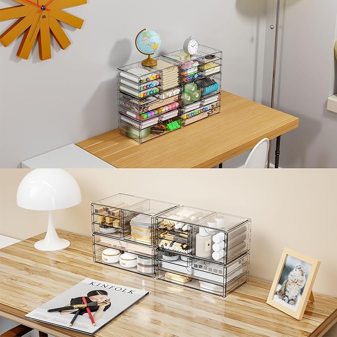 Yieach 3 Pack Clear Storage Drawers With 10 Drawers,Stackable 11.1” Large Acrylic Drawer Organizer and Makeup Organizer For Vanity,Bathroom Countertop,Cabinet,Pantry,Office Supply Storage Bins Drawers