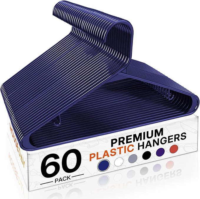 HOUSE DAY Blue Plastic Hangers 60 Pack, Clothes Hangers with Non Slip Hooks, Durable & Space Saving Coat Hanger, Light-Weight Clothing Hangers, Perfect Closet Organizer for Everyday Use
