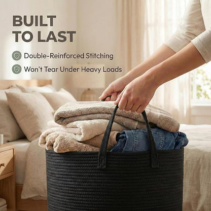 JMvicyroam 65L Extra Large Blanket Basket for Living Room - Woven Cotton Rope Laundry Hamper with Reinforced Handles - Storage Bin for Pillows, Comforters & Toys - Machine Washable,Black