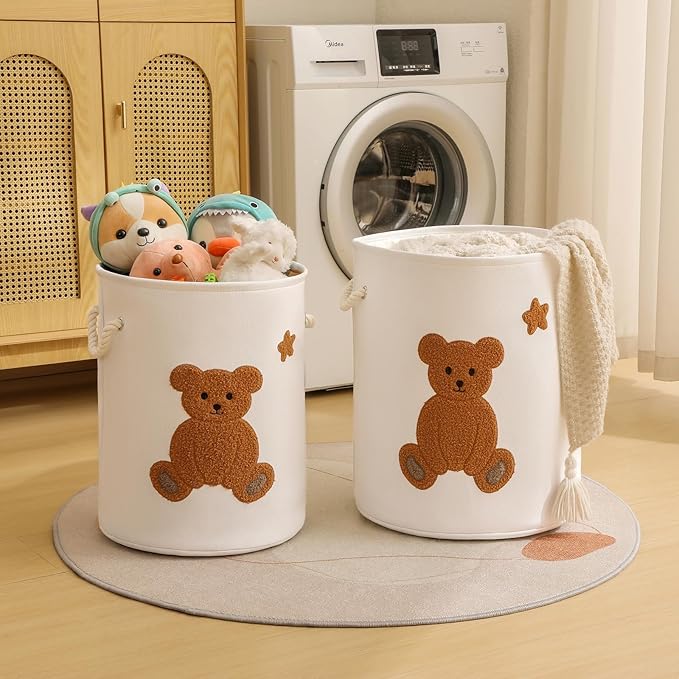 Kids Laundry Basket Nursery Hamper Baby Laundry Basket Stuffed Animal Toys Storage Baskets for Toddler Room Decor, Dirty Clothes Hampers with Drawstring Closure for Bedroom/Living Room/Nursery, Bear