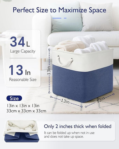 Patvingot 13x13x13 Cube Storage Bins,4 Pack Large Foldable Fabric Storage Cubes with Handles for Organizing Home, Closet, Shelf, Office(White&Blue)