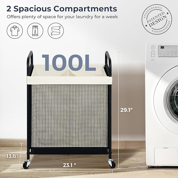 STO STO Laundry Hamper 2 Section, 100L Rolling Laundry Sorter Cart with Removable and Washable Liner Bag, Clothes Hamper with Wheels and Metal Handle for Laundry Room and Bedroom