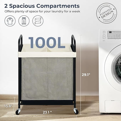 STO STO Laundry Hamper 2 Section, 100L Rolling Laundry Sorter Cart with Removable and Washable Liner Bag, Clothes Hamper with Wheels and Metal Handle for Laundry Room and Bedroom