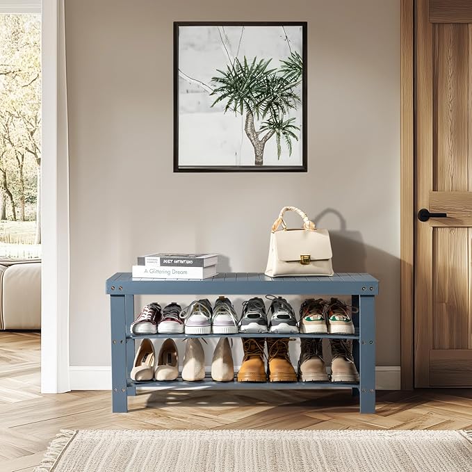 3 Tier Bamboo Shoes Rack,Narrow Vertical Shoes Rack,Freestanding Shoe Organizer Shelf,Shoe Rack Storage Organizer,with Shelves,for Closet, Entryway, Front Door Entrance, Bedroom, Hallway (Gray)