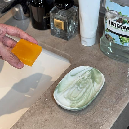 Ceramic Marble Pattern Soap Dish, Textured Raised Soap Saver Tray for Shower Bathroom Kitchen Sink Vanity, Easy to Clean Multi-Use Holder for Bar Soap Jewelry Rings Keys, Green (1 Pack)