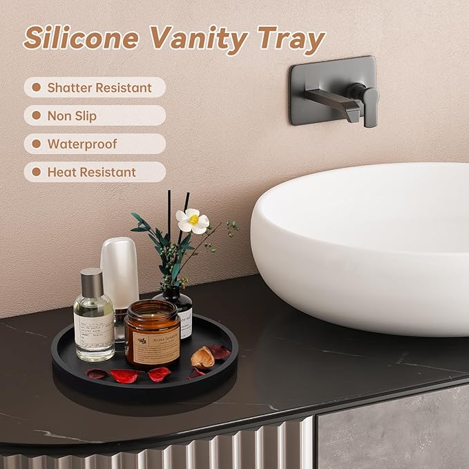 NiHome Thickened Silicone Vanity Organizer Tray for Bathroom Accessories, Kitchen Countertop, Living Room Decor, Multipurpose Shatter-Resistant Round Tray Decor for Candle Perfume Soap Plant (Black)
