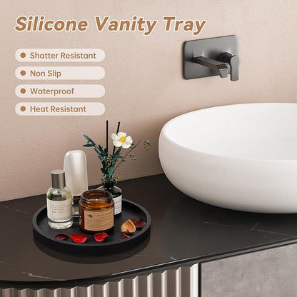 NiHome Thickened Silicone Vanity Organizer Tray for Bathroom Accessories, Kitchen Countertop, Living Room Decor, Multipurpose Shatter-Resistant Round Tray Decor for Candle Perfume Soap Plant (Black)