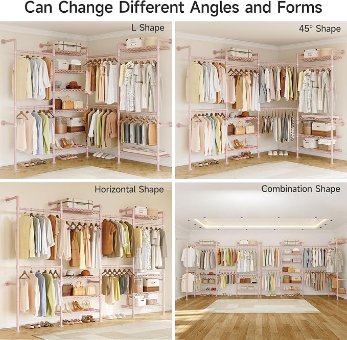 ONBRILL L4 Wall Mounted Industrial Pipe Clothing Rack, Closet Organizer System with 6 Hanging Clothes Rods ( 4 Expandable Rods) & 8 Shelves, Heavy Duty Corner Garment Rack, Large Wardrobe - Pink