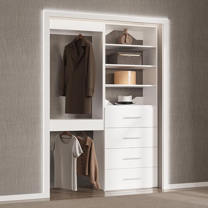 Modular Closet System, 40" Wide Closet Organizer System with Tower and Drawers, Wood Tower Closet Storage for Walk In Closets, Wall Mounted Wardrobe Organizer Kit System, Bedroom, White