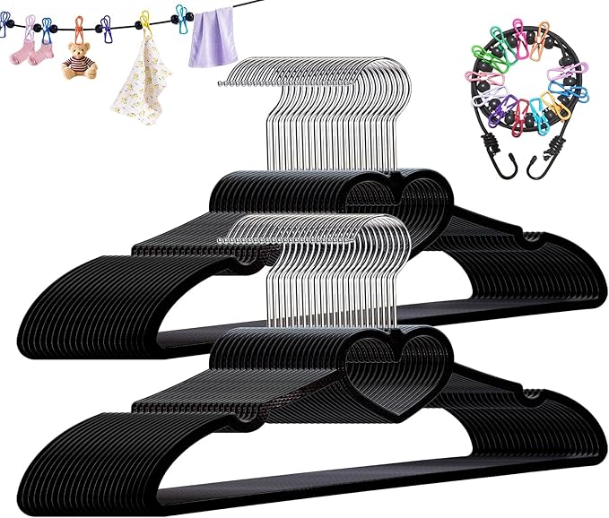 Plastic Hangers 50 Pack, Heart-Shaped Clothes Hanger Ultra Thin Space Saving - Black Slim Hangers with 360 Degree Swivel Hook & Travel Clothesline - Adult Coat Hangers for Dress, Shirts, Coats