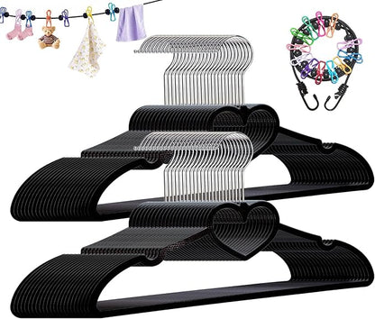 Plastic Hangers 50 Pack, Heart-Shaped Clothes Hanger Ultra Thin Space Saving - Black Slim Hangers with 360 Degree Swivel Hook & Travel Clothesline - Adult Coat Hangers for Dress, Shirts, Coats