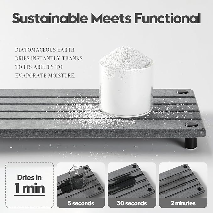 Razborci Instant Dry Sink Caddy Kitchen Sink Organizer, Quick Drying Stone Tray Diatomite Sponge Holder Soap Dish, Bathroom Countertop Fast Dry Water Absorbing Vanity Rack, Dark Gray,12" x 5"