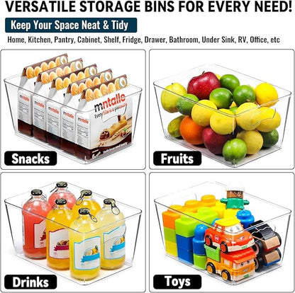 12 PACK LARGE Clear Storage Bins with Handles & Labels, Multiuse Plastic Pantry Organizer Bins for Home Kitchen, Fridge, Freezer, Cabinet, Closet, Bathroom, Shelf, Laundry, RV, Under Sink Organization
