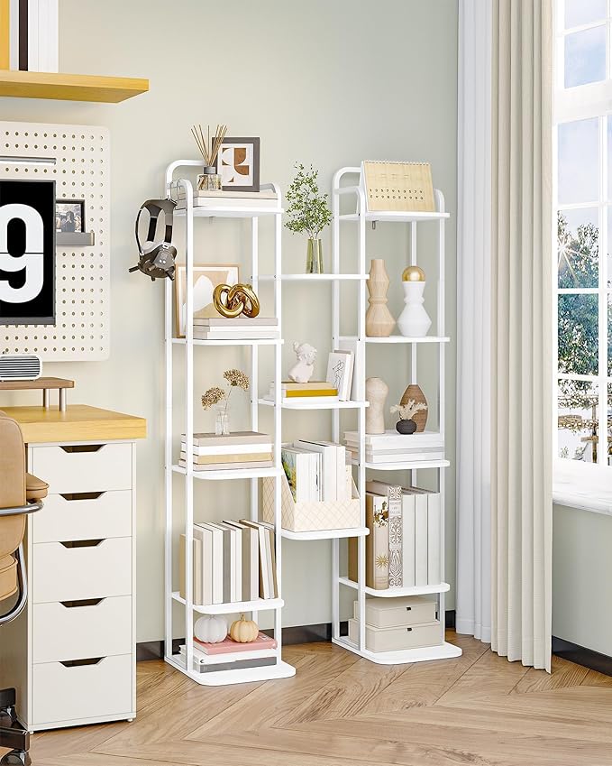 Hzuaneri 8 Tiers Vertical Shoe Rack, Narrow Shoe Tower, Tall Shoes Shelf with 2 Hooks, Adjustable Shelves, Corner Shoes Shelves for Small Spaces, Entryway, Living Room, White SR04313W