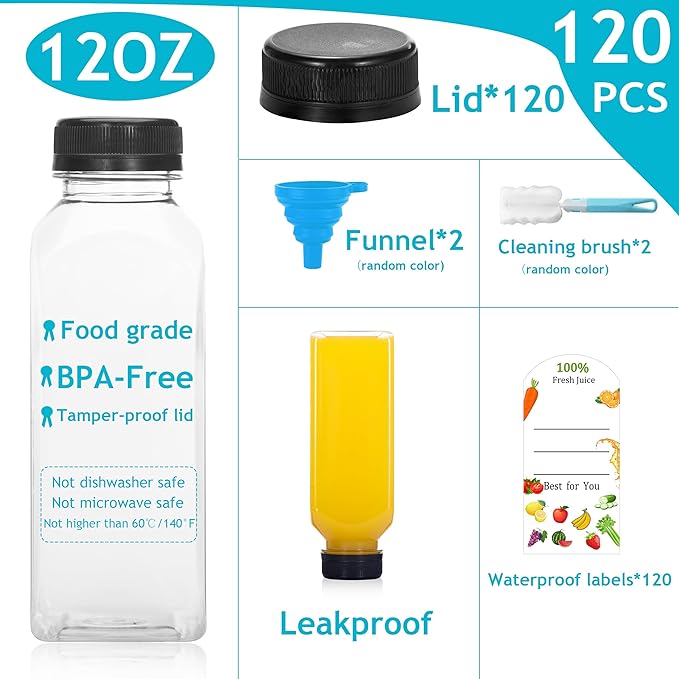 120Pcs 12 Oz Plastic Juice Bottles with Caps,Clear Reusable Water Bottle & Tamper Proof Lids,Juice Containers,Juicing Bottles for Fruit Juice,Smoothies,Coffee - Food Grade & Travel Bottle