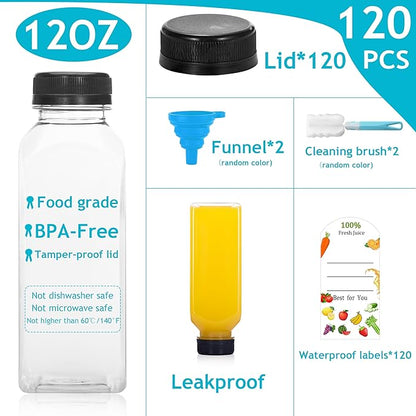 120Pcs 12 Oz Plastic Juice Bottles with Caps,Clear Reusable Water Bottle & Tamper Proof Lids,Juice Containers,Juicing Bottles for Fruit Juice,Smoothies,Coffee - Food Grade & Travel Bottle
