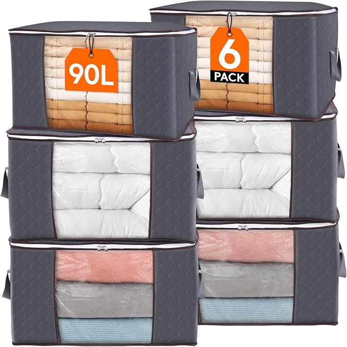 Lifewit 90L Large Storage Bags, 6 Pack Closet Organizers and Storage, Clothes Storage Bins with Lids, Foldable Storage Containers with Reinforced Handles for Clothing, Blanket, Bedding, Comforter Gray
