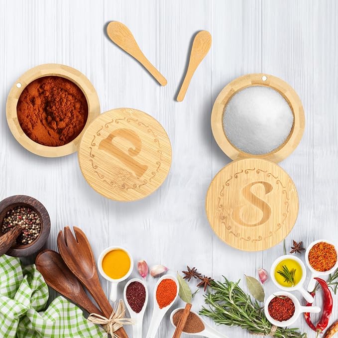 2 Layers Acacia Wood Salt & Pepper Bowl with Built-in Spoon and Magnetic Swivel Lid - Dustproof Salt Holder for Kitchen Serving (Wood)