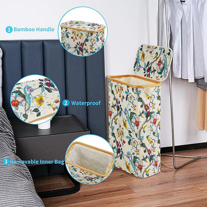 efluky Slim Laundry Basket with Lid, Narrow Laundry Hamper with Removable Bag, Skinny Dirty Clothes Basket with Bamboo Handles for Bathroom, Bedroom & Laundry Room, 75L Floral