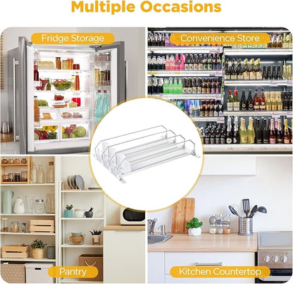 OTraki Drink Organizer for Fridge, 3 Rows Soda Can Drink Dispenser for Refrigerator Space-Saving Can Holders Dispenser with Automatic Pusher Glide and Adjustable Width, Hold up to 15 Cans, Clear