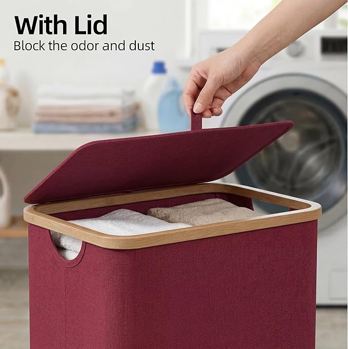 efluky Slim Laundry Basket with Lid, Narrow Laundry Hamper with Removable Bag, Skinny Dirty Clothes Basket with Bamboo Handles for Bathroom, Bedroom & Laundry Room, 75L Burgundy