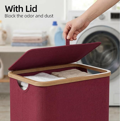 efluky Slim Laundry Basket with Lid, Narrow Laundry Hamper with Removable Bag, Skinny Dirty Clothes Basket with Bamboo Handles for Bathroom, Bedroom & Laundry Room, 75L Burgundy